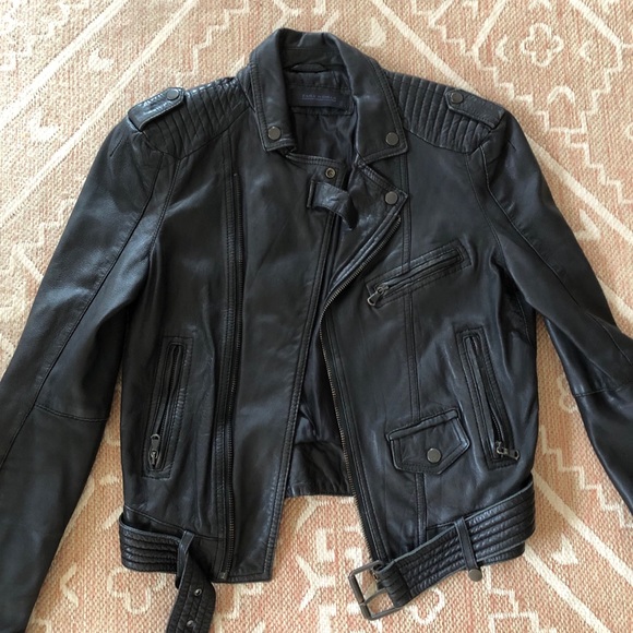 Zara Classic Black Leather Biker Jacket - Picture 2 of 8